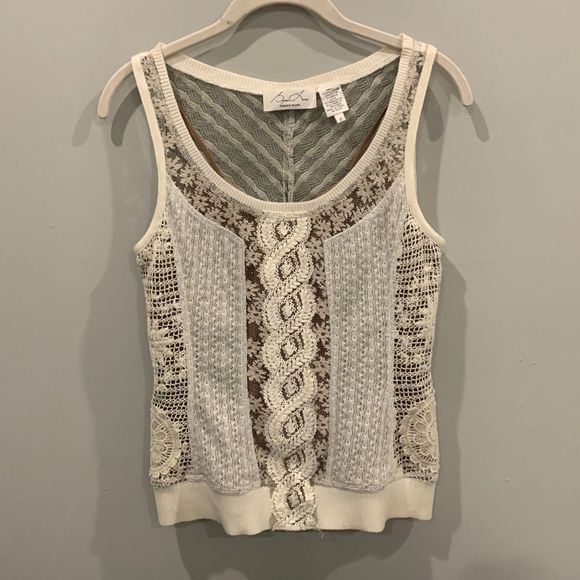 Byron Lars Tops - Byron Lars Beauty Mark Sleeveless Mixed Lace Knit Tank Top